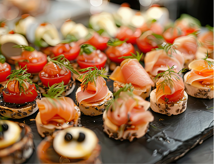Elegant bite-sized appetizers with prosciutto, olives, and pickles served on bread squares for a catered even