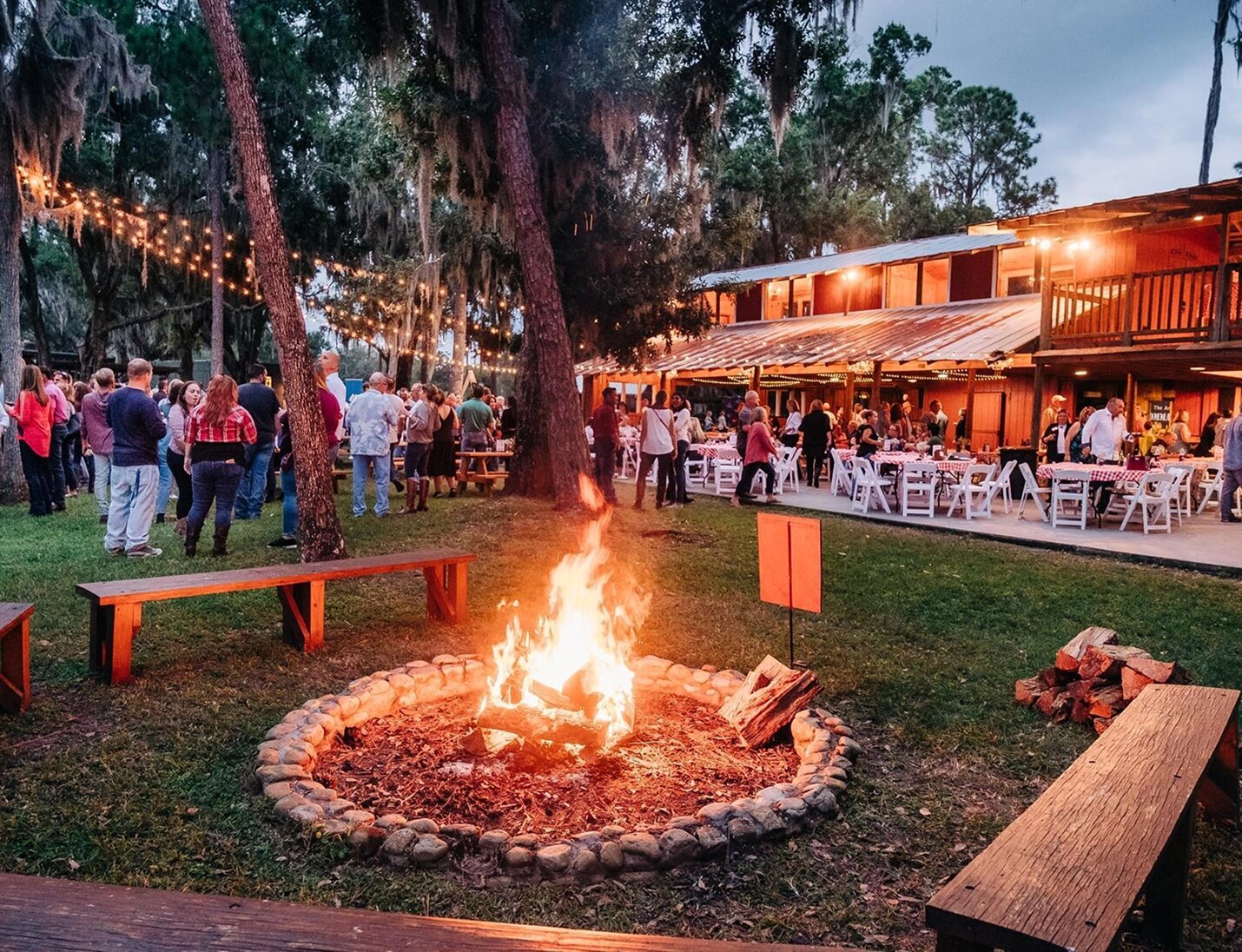 Old McMicky’s Farm outdoor gathering with string lights, bonfire circle, wooden benches, and guests enjoying the setting