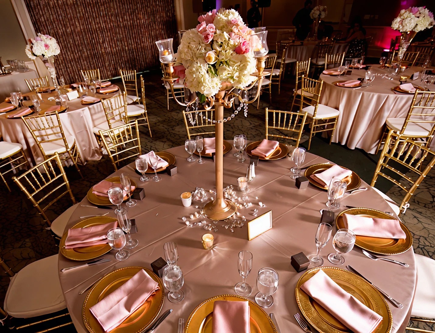 Elegant indoor reception setup with blush linens, gold chairs, and floral centerpieces at Harry P. Leu Gardens