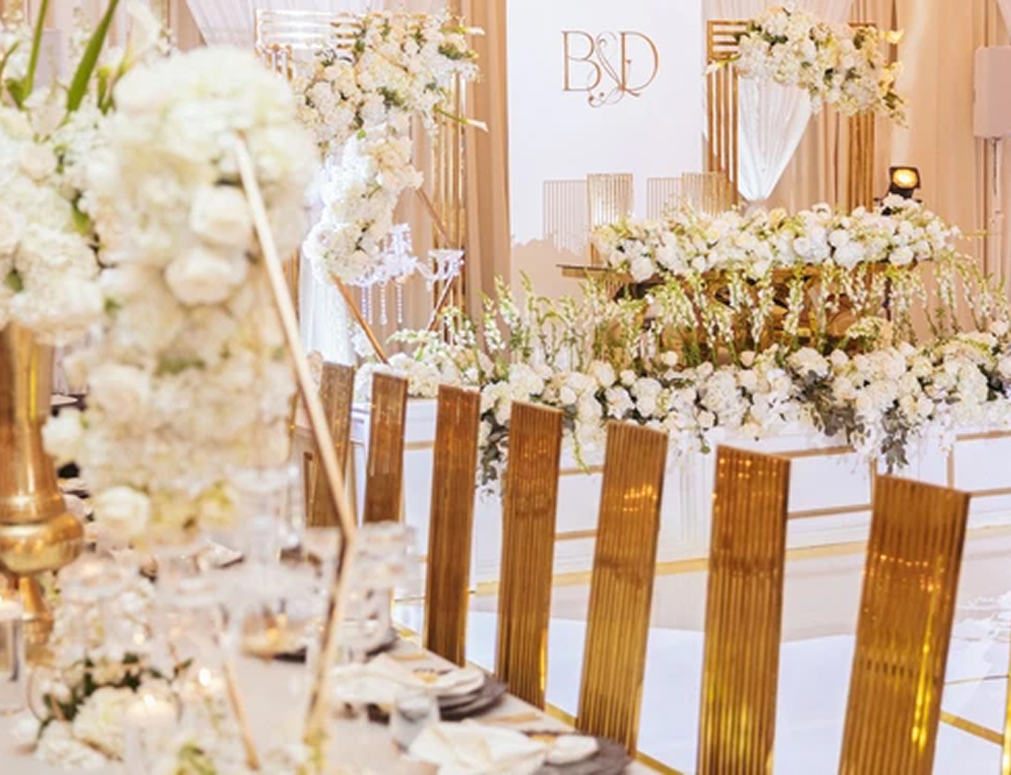Elegant white and gold wedding setup at Holy Trinity Reception Center with floral arrangements and decorated tables
