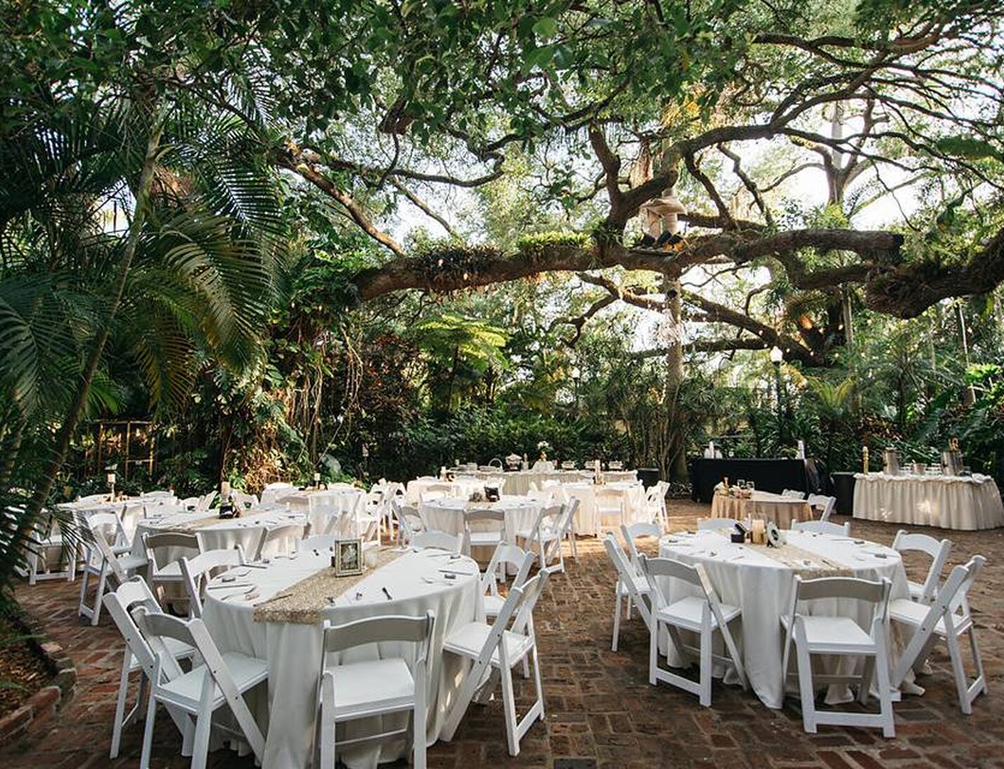 Outdoor event setup at Sunken Gardens with round tables and lush greenery under large shaded tree branches.