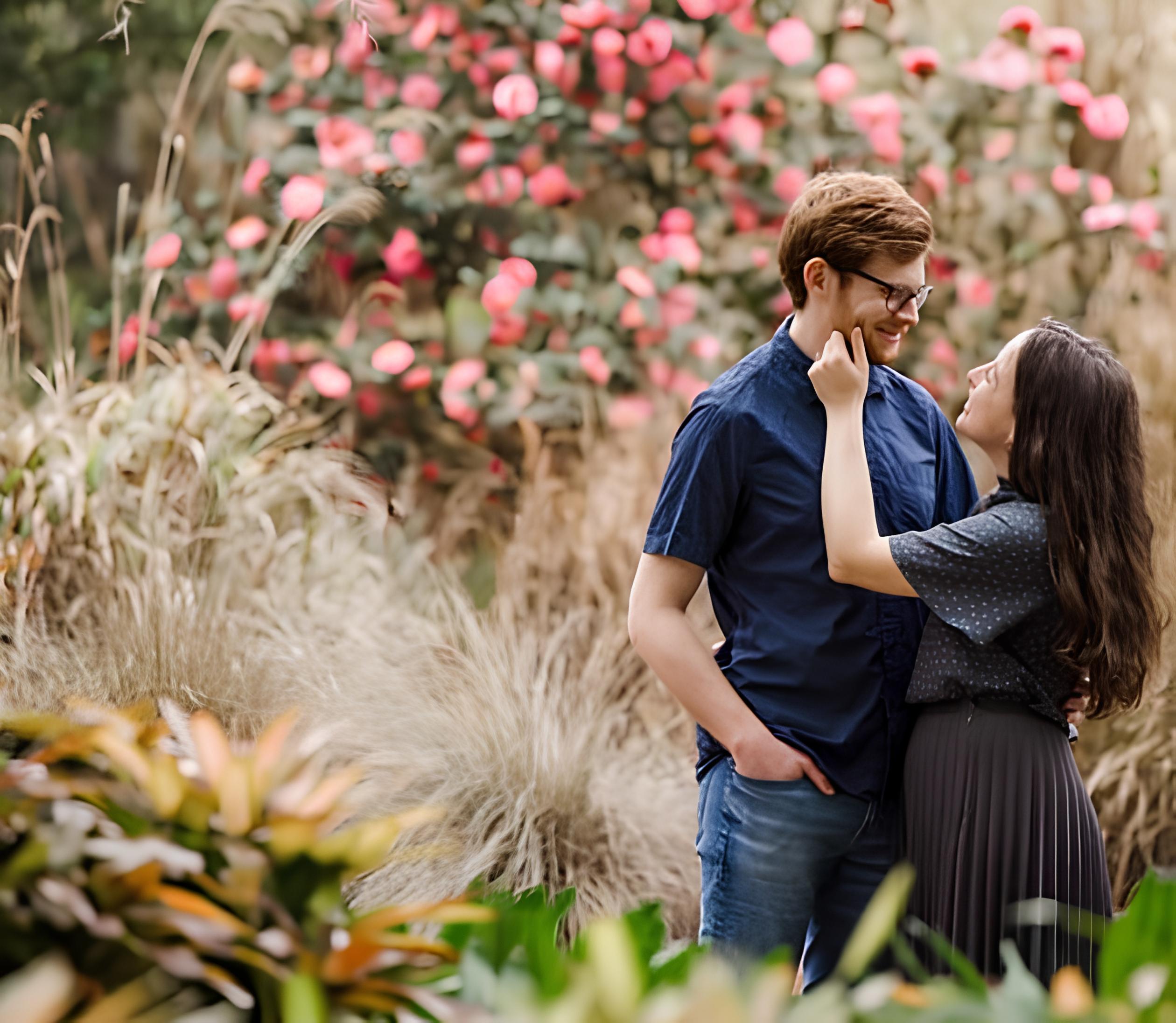 A couple sharing a tender moment among lush greenery and blooming pink flowers at Harry P. Leu Gardens