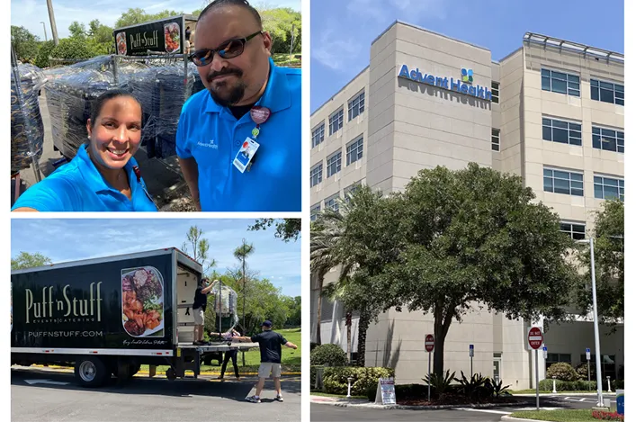 Puff ’n Stuff team delivering meals to AdventHealth staff, showcasing support and giving back to healthcare workers