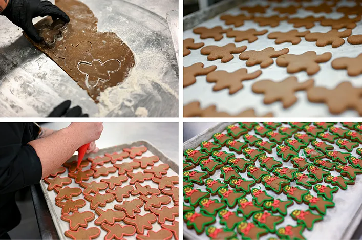 Gingerbread cookies being cut, baked, and hand-decorated in festive holiday colors, prepared fresh in the Puff ’n Stuff kitchen