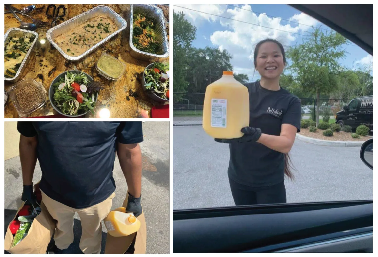 Team members preparing and delivering fresh meals and groceries with care, creating a friendly and helpful service moment