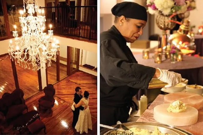 Elegant event scene with a couple dancing under a grand chandelier, alongside a chef preparing dishes at a stylish food station