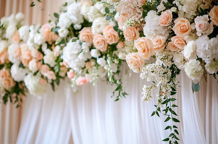 Soft blush and white floral arrangement with roses and greenery cascading over sheer draped fabric