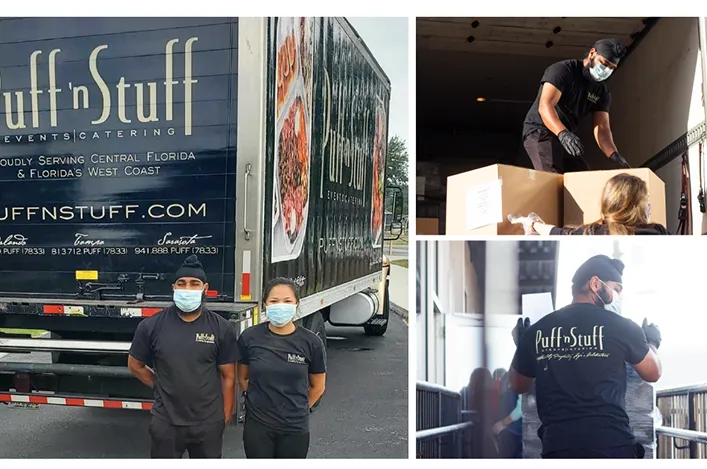 Puff ’n Stuff team members loading and delivering boxes, standing by a branded truck while wearing masks and uniforms