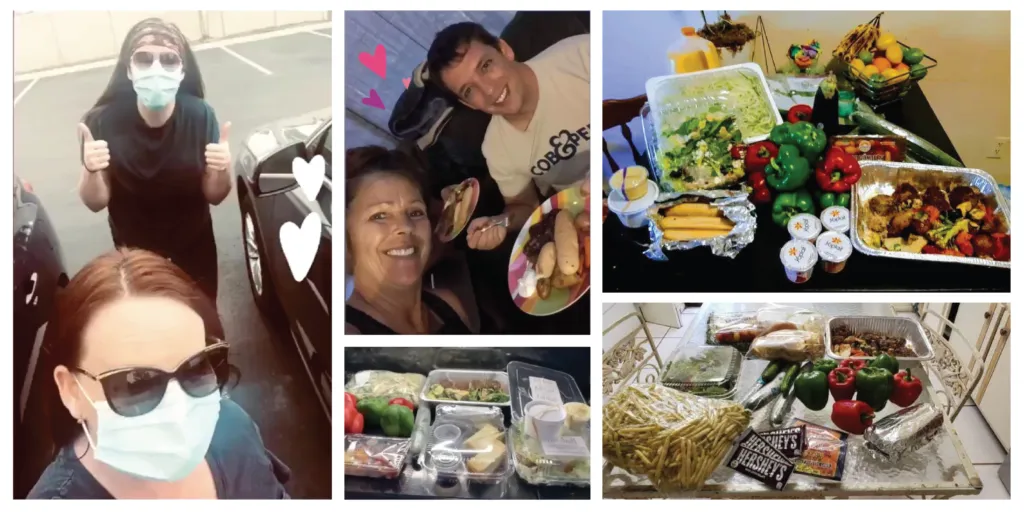 Community meal delivery and home dining moments, showing people enjoying catered food and fresh ingredients prepared with care