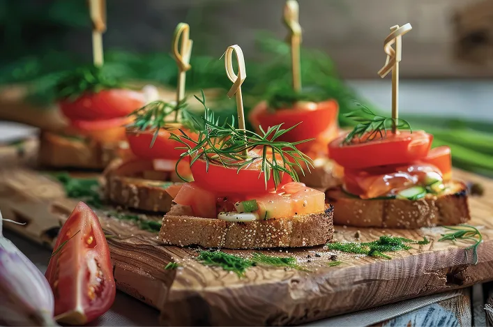 Fresh tomato and herb crostini appetizers arranged on a rustic wooden board, garnished with dill and served with skewers