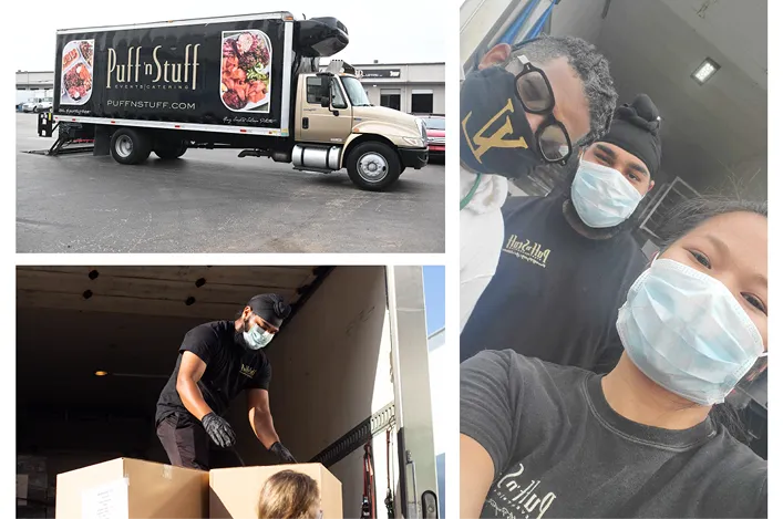 Puff ’n Stuff catering team wearing masks while loading delivery boxes and operating a branded catering truck