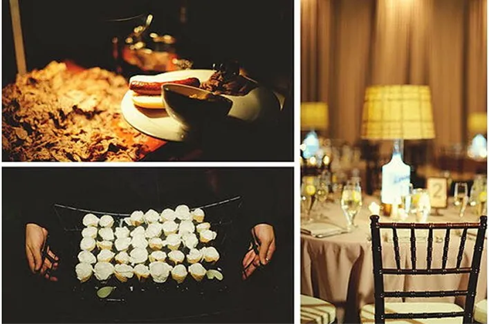 Pulled meat with buns, a tray of mini desserts, and an elegant table setting create a cozy event atmosphere