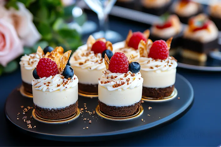 Mini cheesecakes topped with raspberries, blueberries, and chocolate curls are arranged on a black platter for dessert