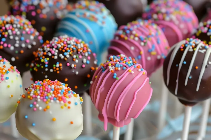 Colorful cake pops in chocolate, vanilla, and pink coating with rainbow sprinkles are arranged on sticks for dessert
