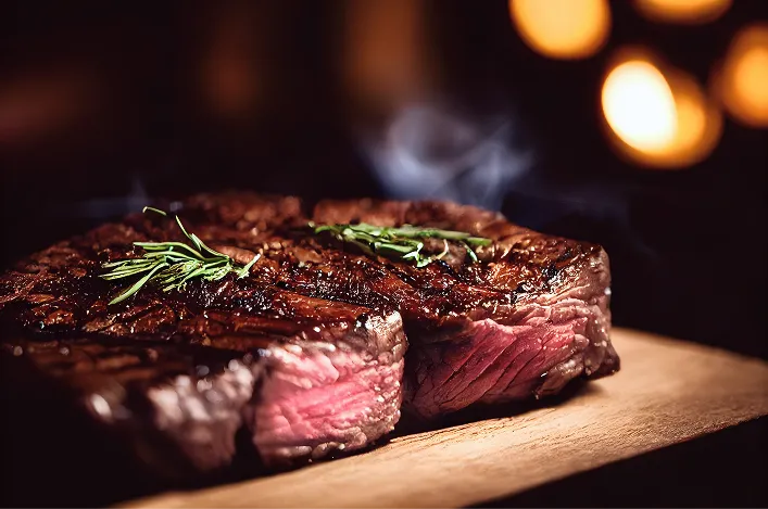A perfectly cooked steak, seared and juicy with a sprig of rosemary, is served sliced on a wooden board