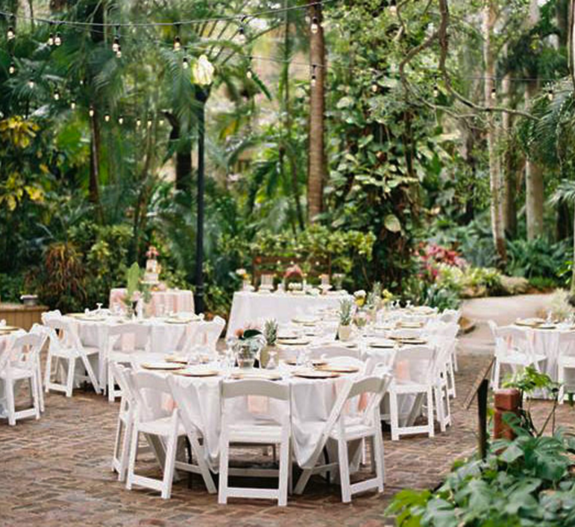 Garden wedding reception at Sunken Gardens with round tables, string lights, and tropical greenery surrounding the yard
